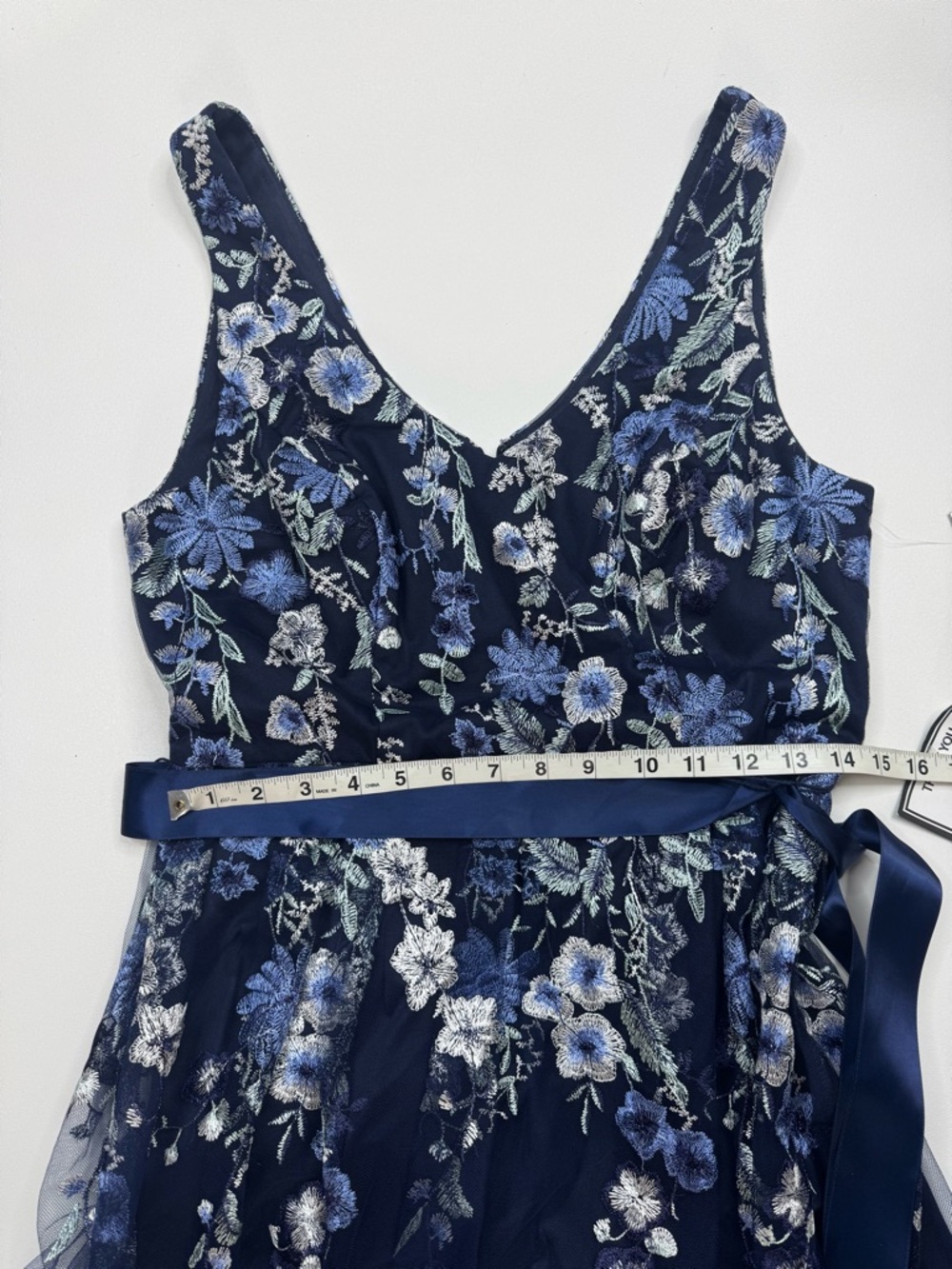 Alex Evenings Navy Blue Floral Midi Dress with Satin Ribbon - Picture 8 of 14
